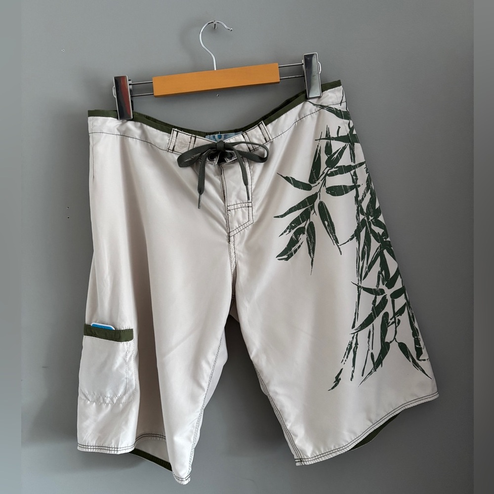 Roxy Beige Board Shorts with Slate Green Bamboo Print